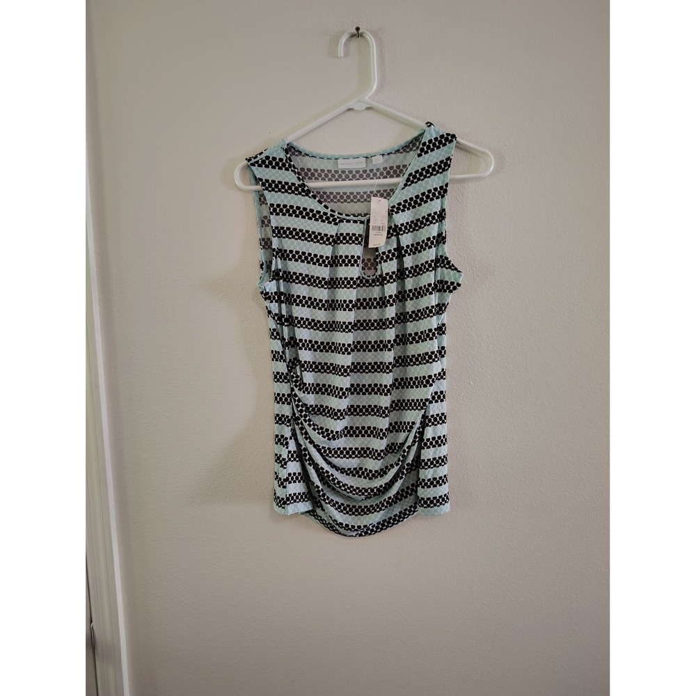 New York & Company Mint Green Black Polka Dot ipe Ruched Sleeveless Top Medium
